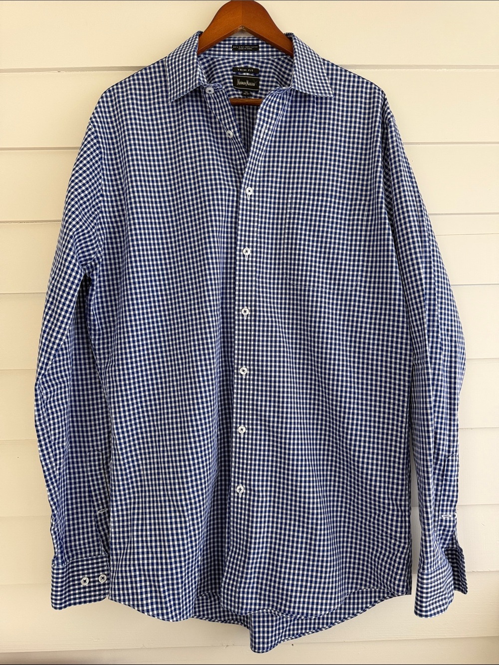 Neiman Marcus Blue & White Gingham Button-Down Shirt - coastal preppy old money